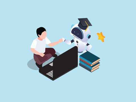AI Tutor Helping Student:of Human and Robot Collaboration in Online Education 3d isometric vector illustration