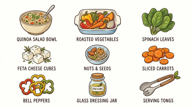 An assortment of healthy food ingredients and kitchen tools including quinoa salad, roasted vegetables, spinach, feta cheese, nuts, seeds, bell peppers, carrots, dressing, and serving tongs.