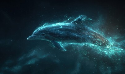 Fototapeta premium Dolphin is shown in deep water with glowing blue energy around it