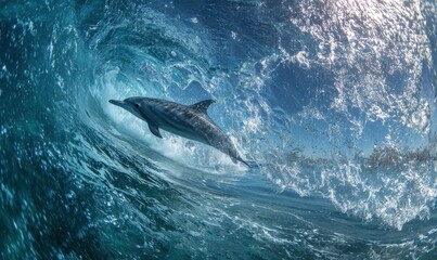 Fototapeta premium Underwater shot of dolphin moving through a curved ocean wave