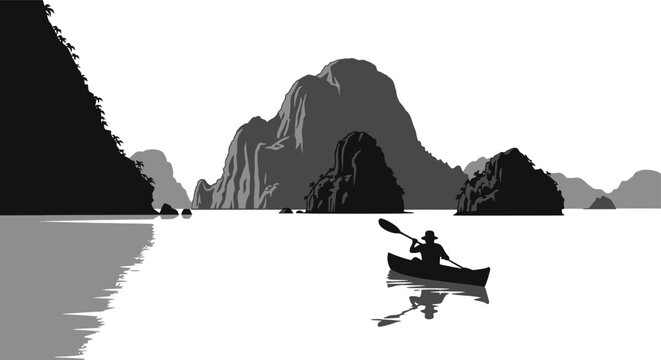 Kayaker paddling through a serene bay with towering karst limestone islands in black and white image captures outdoor adventure and tranquility eco tourism kayaking limestone landscape adventure