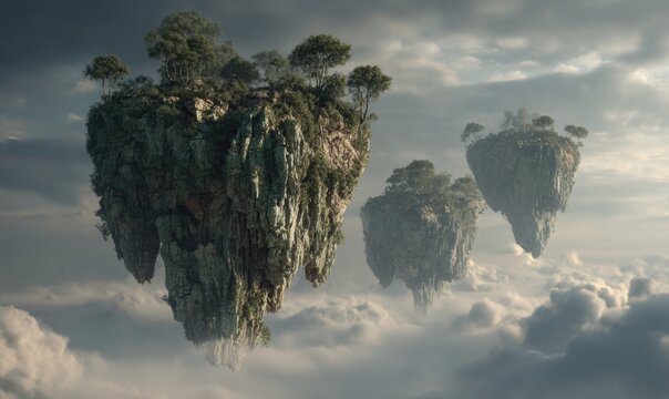 Three airborne landmasses with trees and moss float above thick cloud cover