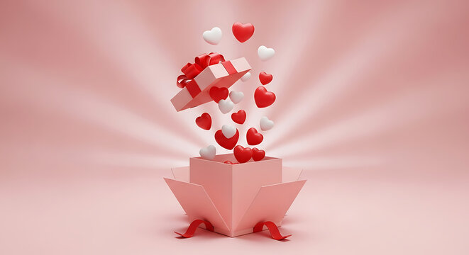Open gift box with red and white hearts exploding outwards, romantic surprise, celebration, valentines day concept