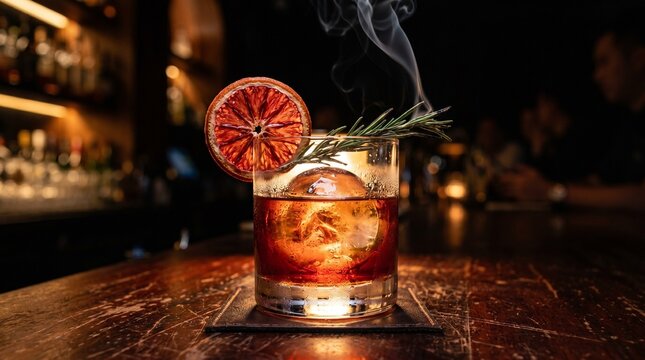 Dark Negroni Cocktail with Dehydrated Blood Orange and Smoked Rosemary Sprig