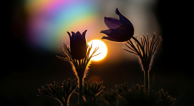 Silhouetted pasqueflower blossoms backlit by a vibrant sunset with a subtle rainbow halo, evoking a serene spring morning atmosphere