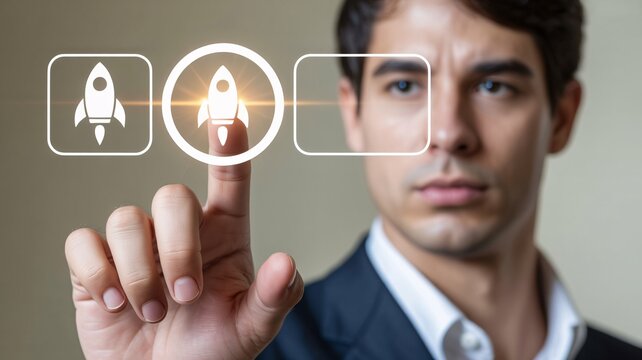Businessman touching rocket launch on digital interface keywords: businessman, man, suit