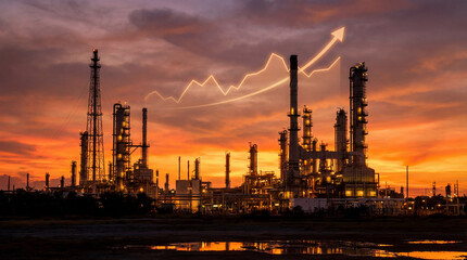Obraz premium A dramatic industrial refinery silhouette at sunset with a transparent upward stock chart subtly overlayed in the sky