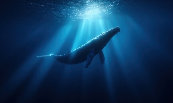 Silhouette of humpback whale gliding underwater