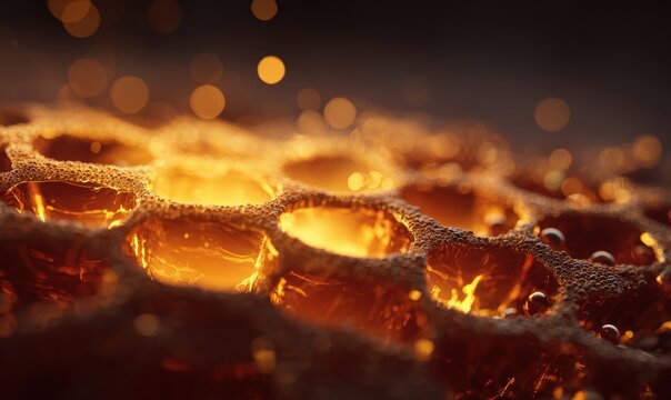 Golden honey fills hexagonal cells in a close-up view