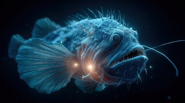 Deep Sea Realistic Anglerfish with Light and Sharp Teeth Illustration