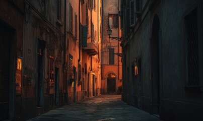 Obraz premium Street scene in historic town with warm lighting and stone walls
