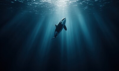 Fototapeta premium Underwater view of orca swimming toward sunlight beams in deep ocean