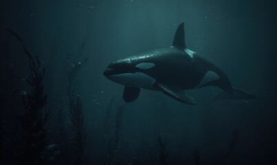 Fototapeta premium Killer whale glides silently among underwater kelp forests in dim