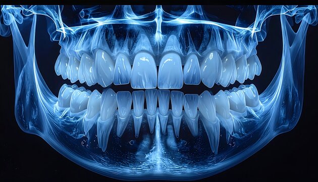 A blue-tinted X-ray image of human teeth and jawbone