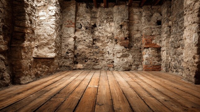Interior of a rustic wooden room with aged stone walls and wooden floorboards creating a vintage and historic atmosphere