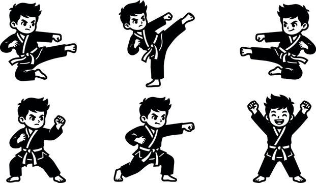 Black and white karate kid performing martial arts moves vector art