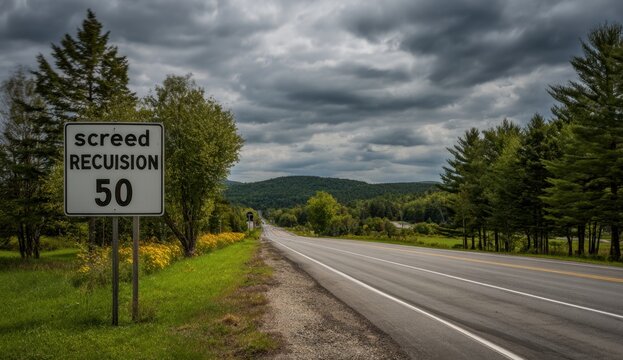 Roadside substance sign displaying a substance limit of 50 near a rural highway with green trees and overcast sky