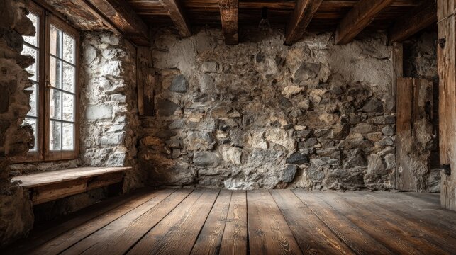 Rustic wooden interior with exposed stone wall and wooden floor in a historic room