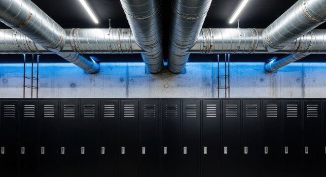 Industrial Style Interior with Black Lockers and Exposed Metal Ventilation Ducts Overhead