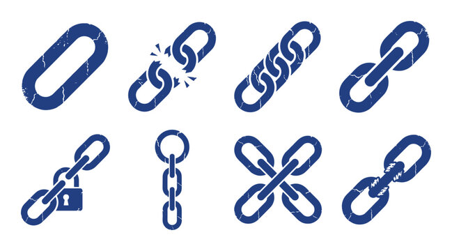 Blue chain link icons including broken chain locked chain and crossed chains for connection and security.