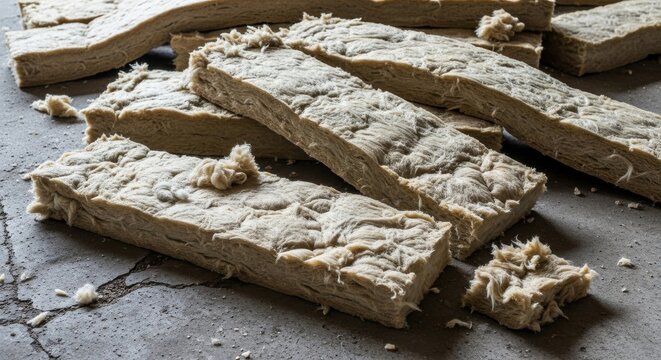 Discarded lengths of fibrous insulation material piled on a rough concrete surface for construction projects