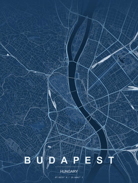 Budapest city map vector illustration featuring detailed street layout, modern minimal design, urban road network, travel map poster, abstract cartography, printable wall art, high resolution map grap