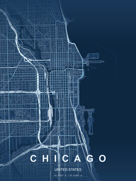 Chicago city map vector illustration featuring detailed street layout, modern minimal design, urban road network, travel map poster, abstract cartography, printable wall art, high resolution map graph