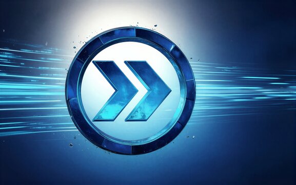 Blue circular logo with double arrows surrounded by dynamic light