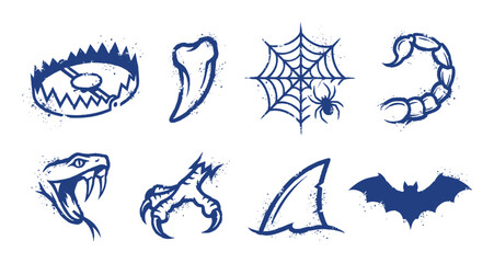 Fototapeta premium Danger symbols vector set: trap, tooth, spiderweb, scorpion, snake, claw, fin, bat, blue grunge.