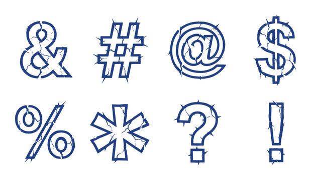 Cracked and distressed symbols and punctuation marks including ampersand, hash, at, dollar sign.