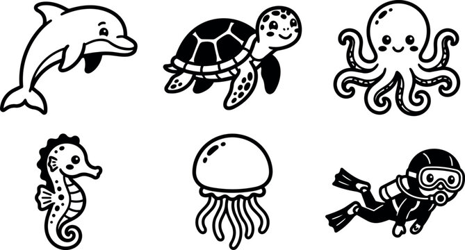 Cute cartoon dolphin turtle octopus seahorse jellyfish and scuba diver vector art