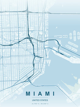 Miami city map vector illustration featuring detailed street layout, modern minimal design, urban road network, travel map poster, abstract cartography, printable wall art, high resolution map graphic