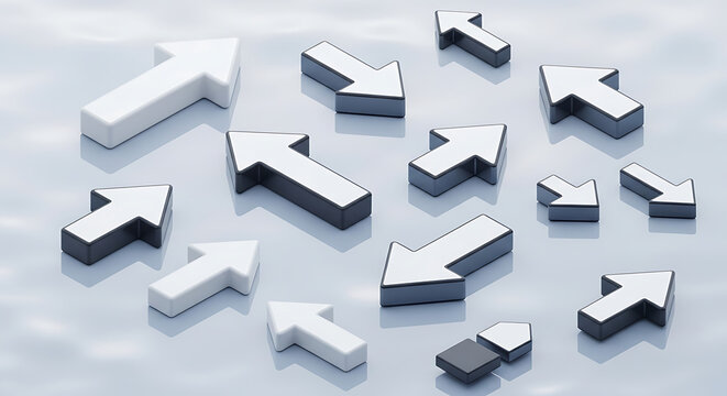 Scattered 3d arrows in white and gray pointing in various directions on a light reflective surface, symbolizing choices and direction