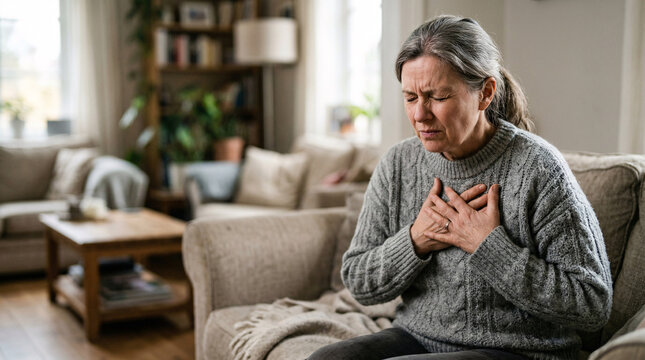 Woman with Hands Clasped Over Chest Representing Tightness and Breast Pain