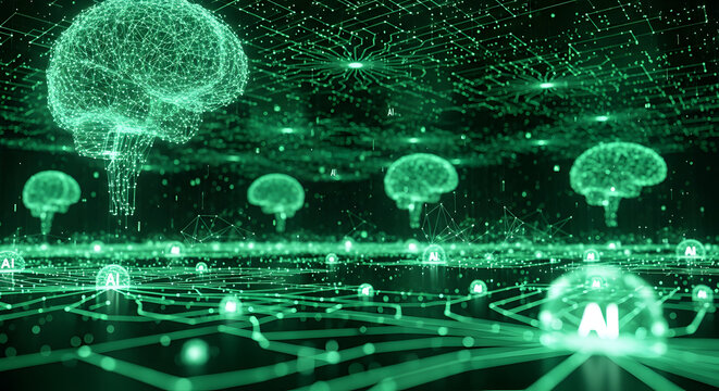 Green neural network brain grid representing swarm artificial intelligence