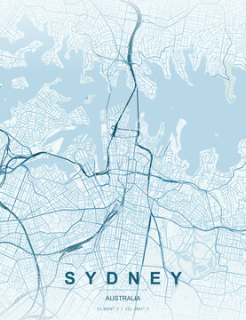 Sydney city map vector illustration featuring detailed street layout, modern minimal design, urban road network, travel map poster, abstract cartography, printable wall art, high resolution map graphi
