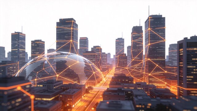 Futuristic city with networked globe