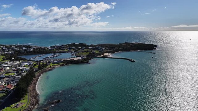 Robe, South Australia Coastline: 4K aerial drone footage of coastal town, houses and estates, marina, sandy beaches, ocean shoreline, cliffs and seaside landscape, local traffics and roads