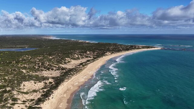 West Beach, Robe, South Australia: 4K aerial drone footage of coastal town, sandy beaches, ocean shoreline, cliffs and seaside landscape along Australia coastline
