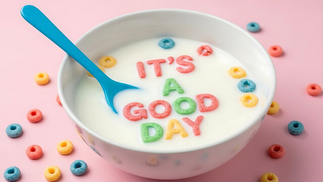 Colorful cereal bowl with milk and spoon on pink background with Froot Loop letters