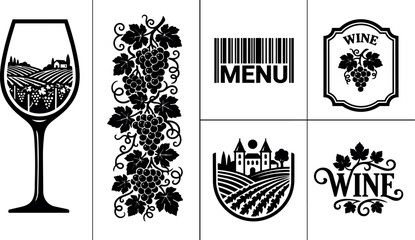 Obraz premium Black grapevine cluster and vineyard landscape with wine glass and menu barcodes vector art