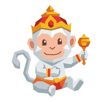 Cute low-poly white monkey king vector illustration wearing a golden crown and holding a scepter