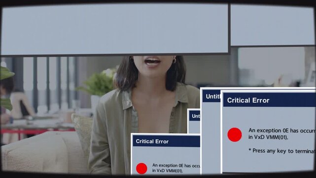 Woman speaking camera on sofa after start of tech demo, error windows stacking, interrupting talk
