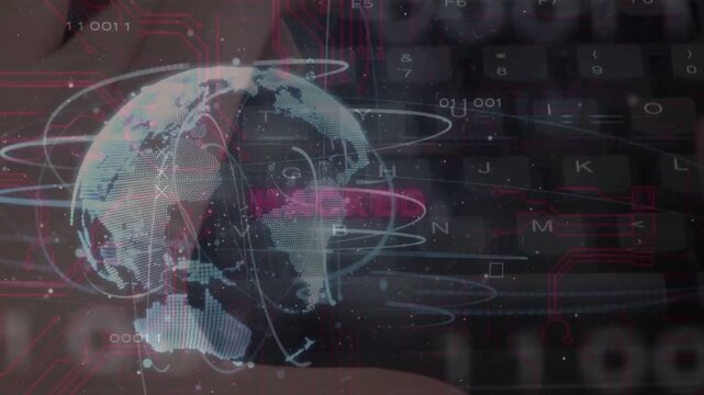 Hands typing on keyboard, initiating dot globe shifting while HACKED text signaling security breach