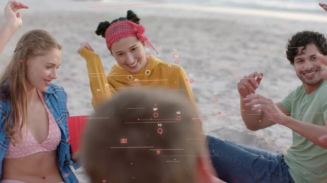 Friends sitting beach hearing music, raising arms copying gestures, passing red cup for leisure