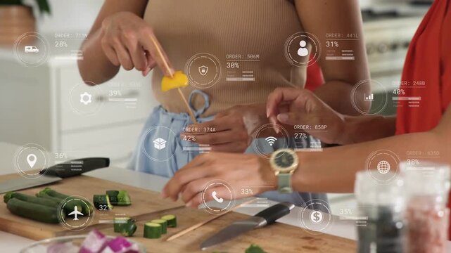 Vertical video: Hands slicing cucumbers women making skewers food prep with data overlay hovering