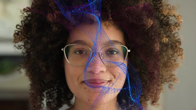 Woman with glasses neutral as blue mesh appearing shifting guiding smile into laugh showing emotion