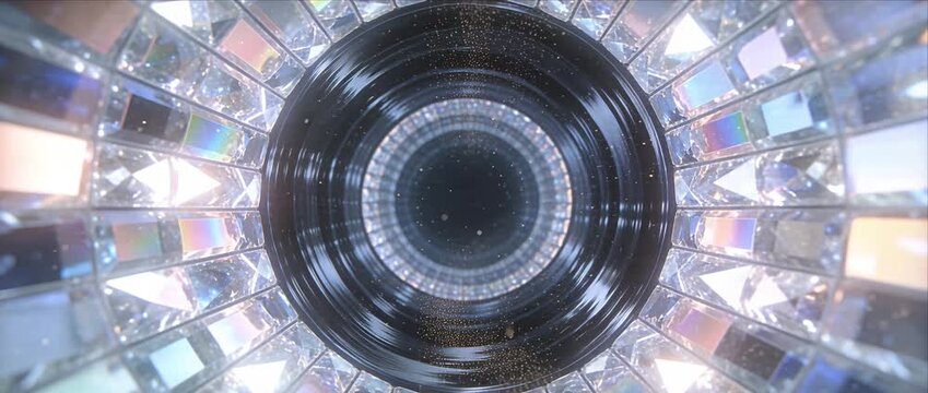 Futuristic tunnel circular hollow abstract background glass crystal holographic light sci fi vortex spiral shimmer sparkle metallic ring iridescent prism reflective surface 3d render glowing center