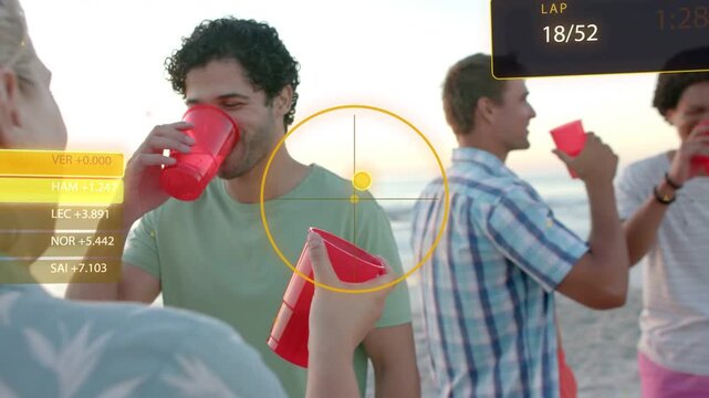 Woman offering red cup, man sipping on sunset beach while HUD reticle tracking game leaderboard
