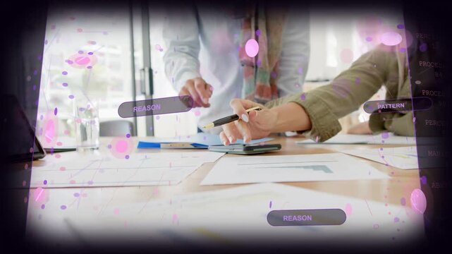 Office team tapping chart, initiating UI overlays labeling REASON, aligning fingers for decision